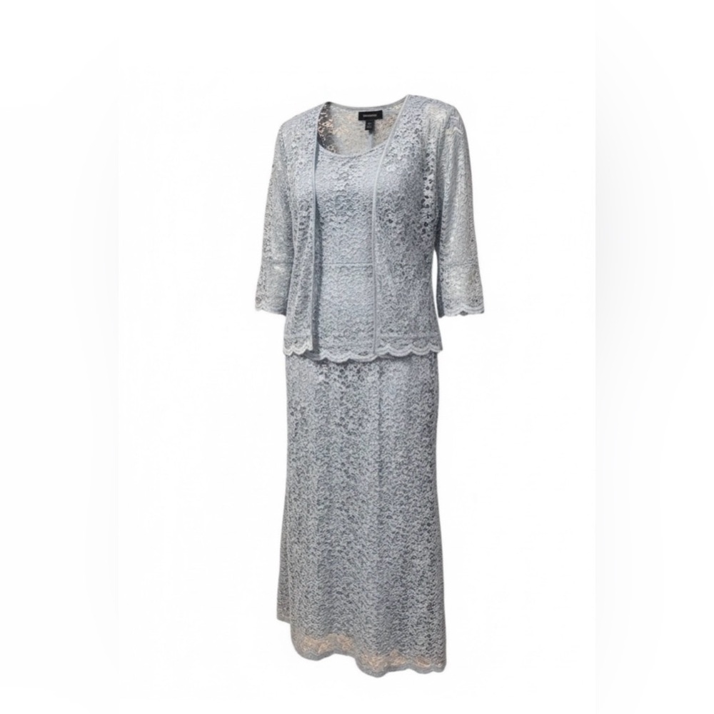 R & M Richards Sequin Lace Gown & Jacket Set – Silver – Size